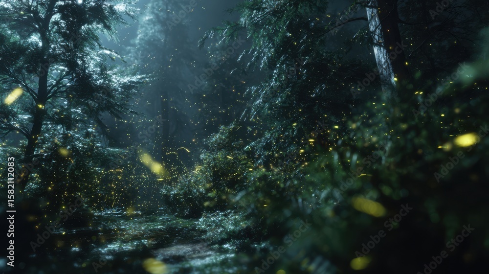 Fototapeta premium Enchanted Forest at Night with Fireflies Illuminating the Path