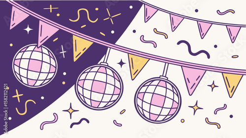 Retro Party Celebration:  Three Disco Balls Hanging from Festive Bunting,  Whimsical Line Art Style, Joyful and Energetic Mood, Perfect for Event Invitations or Social Media.