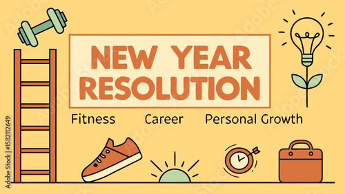 Optimistic New Year Resolution Illustration: Fitness, Career, Personal Growth;  Ladder, Dumbbell, Shoe, Lightbulb, Briefcase;  Motivational, Upbeat, Flat Design Style.