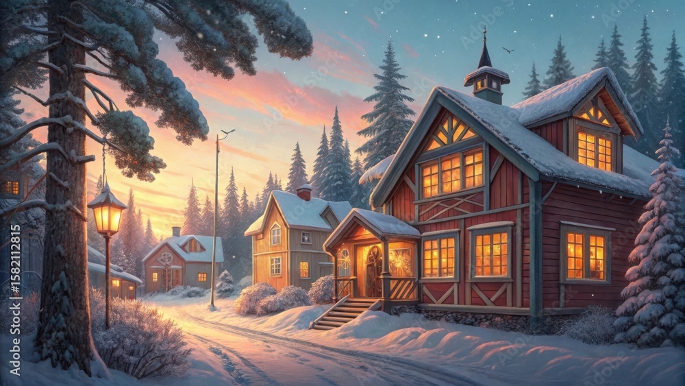 Fototapeta premium Cozy winter village scene with warmly lit houses at sunset