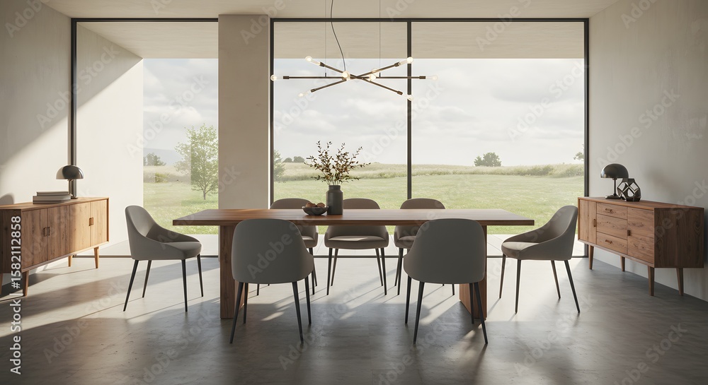 Fototapeta premium Modern Dining Room Interior Design with Large Windows and Natural Light