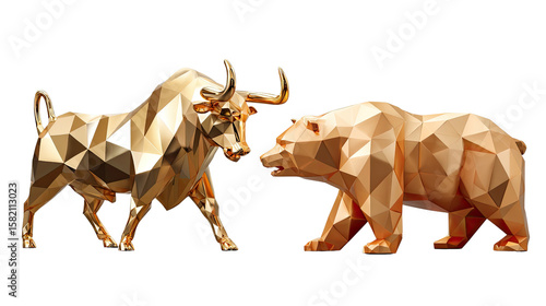 Golden Bull and Bear Statues:  Geometric gold bull and bear statues face each other, symbolizing the opposing forces of a stock market, investment, or financial market.