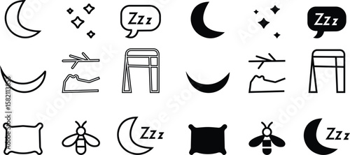 Nighttime icon set, views: moon outside, starry sky, distant lights, Sleep. Rest, bed, pillow, pictogram silhouette, do not disturb silence status moon crescent with symbol glyph image clipart