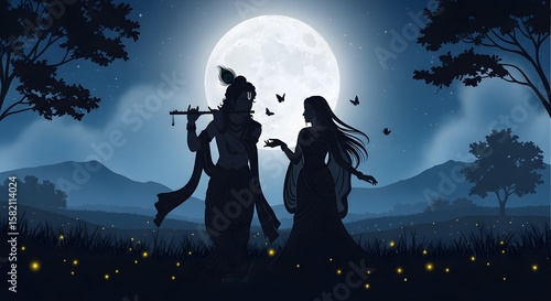 A romantic silhouette of lord krishna playing the flute for radha under a luminous full moon, set against a mystical night landscape