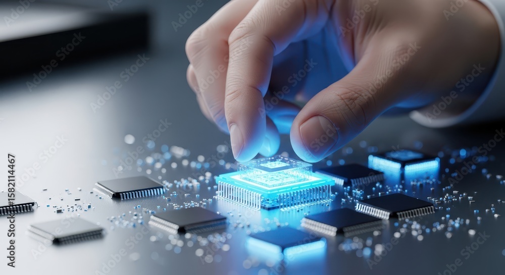 Obraz premium A hand interacts with a glowing microchip, showcasing modern technology
