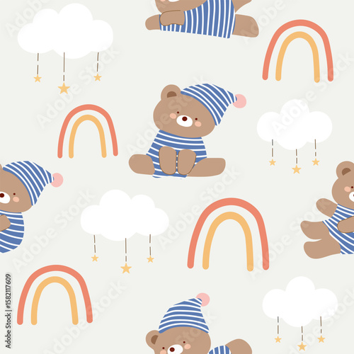 bears with striped white blue pajamas and sleeping hats in the sky with clouds , stars and rainbows seamless pattern , vector ,illustration