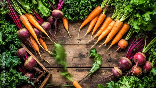 Freshly harvested carrots beets and leafy greens arranged artfully on a rustic wooden surface