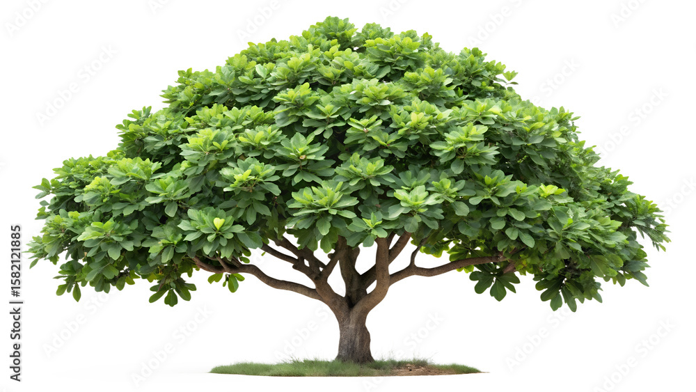 Obraz premium A dense, verdant tree with abundant green leaves and a strong trunk, isolated against a white backdrop isolated on transparent background