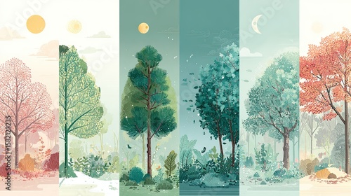 Interactive seasonal change educational card with four weather panels, soft pastel colors for children's nature learning materials