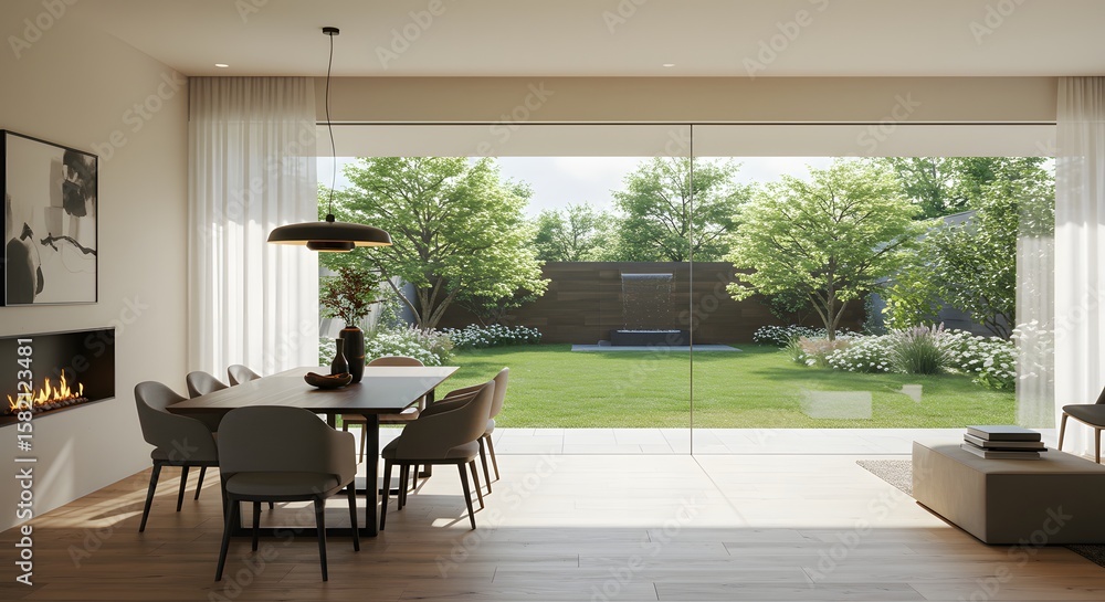 Fototapeta premium Modern Dining Room with Fireplace and Garden View