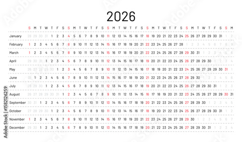 2026 calendar. Linear horizontal planner for year. Yearly calender template. Week starts Sunday. Annual schedule grid with 12 months. Landscape orientation, English. Vector illustration. Simple design