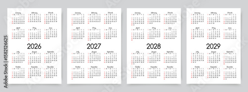 2026, 2027, 2028, 2029 calendars. Calender templates. Yearly organizer. Simple planner in English. Week starts Sunday. Scheduler layout with 12 month. Portrait orientation, A4. Vector illustration