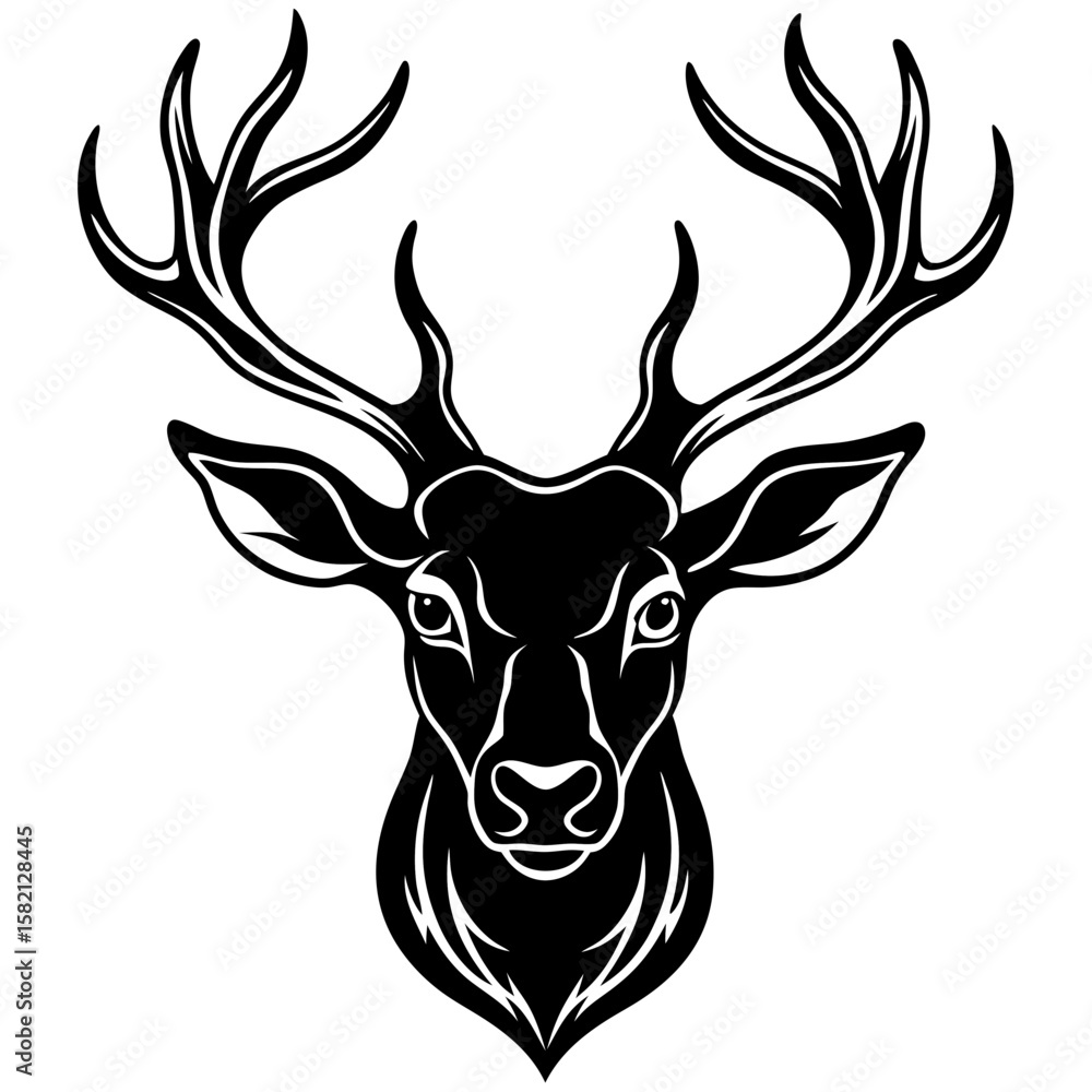 Naklejka premium Detailed Deer Head Silhouette with Antlers – Vector Art.