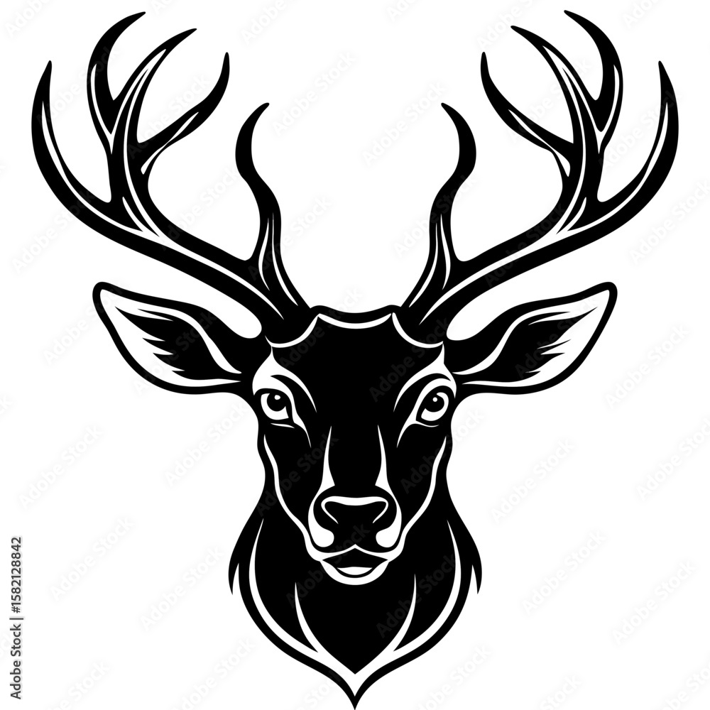 Naklejka premium Detailed Deer Head Silhouette with Antlers – Vector Art.