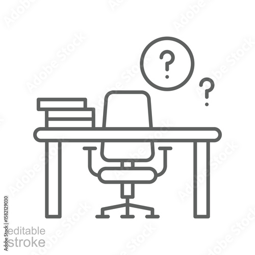 Empty Office Desk Icon. Outline Style. Editable Stroke Vector. Unfilled Job Vacancy. Labor Shortage Crisis. Workplace Staffing Problem. Recruitment HR Symbol. Business Hiring Concept.