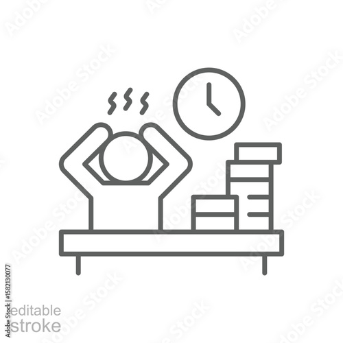 Overworked Employee Icon. Outline Style. Editable Stroke Vector. Stressed Worker at Office Desk with Paper Stack and Clock. Labor Shortage Crisis. Burnout Problem. Productivity Pressure Symbol.
