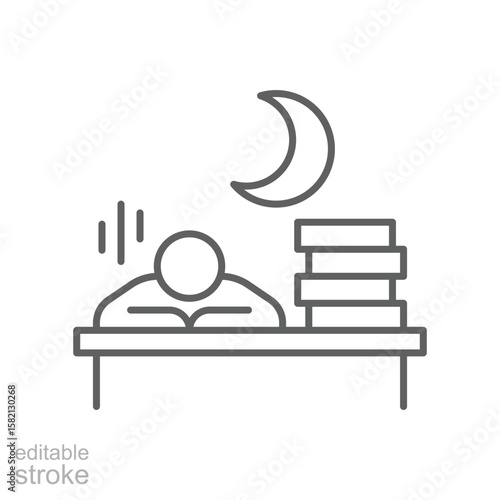 Late Night Overwork Icon. Outline Style. Editable Stroke Vector. Tired Employee Sleeping at Office Desk with Paper Stack and Moon Symbol. Labor Shortage Effect. Exhaustion and Productivity Crisis.