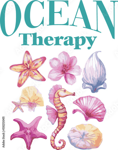 mixed flower and sea shell motifs cute surf hibiscus girl painted effect sea ocean Hawaii beach tropical Trending Script Slogan Graphic Tee t-shirt logo artwork typography tote badge emblem crest 