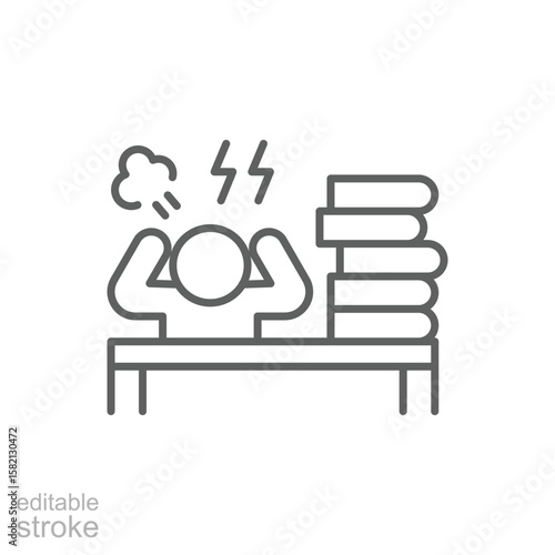 Frustrated Employee Icon. Outline Style. Editable Stroke Vector. Angry Worker at Office Desk with Paper Stack and Lightning Symbol. Labor Shortage Impact. Workplace Burnout and Pressure Illustration.
