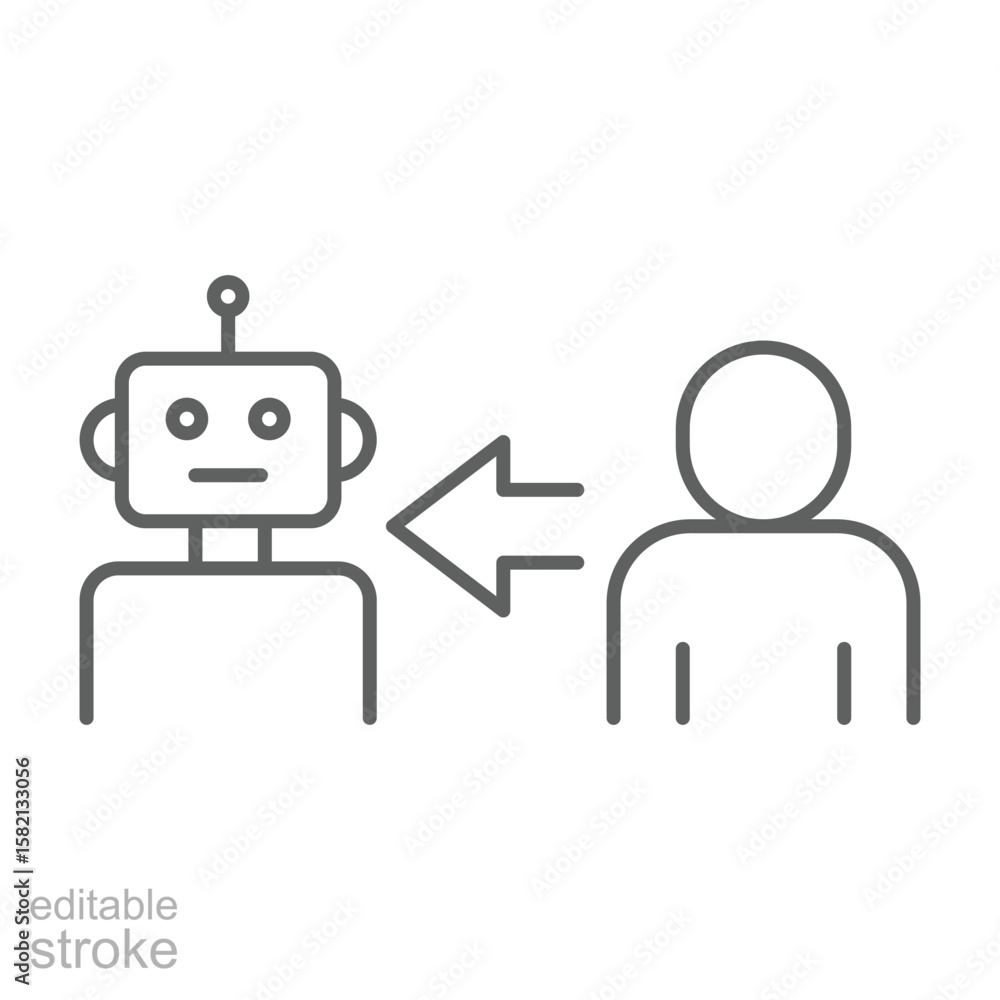 Fototapeta premium Workforce Automation Icon. Outline Style. Editable Stroke Vector. Human Replaced by Robot with Direction Arrow. Labor Shortage Consequence. Job Substitution Symbol. AI Integration and Staff Transitio