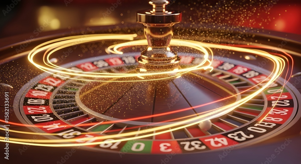Spinning roulette wheel with golden light trails in a casino. Spinning roulette wheel with golden light trails in a casino.