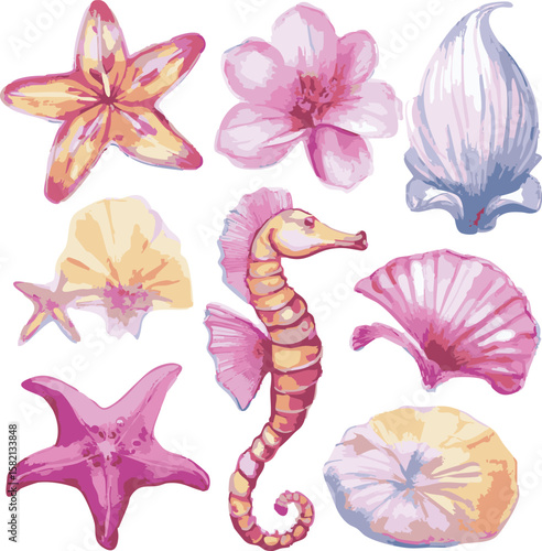 mixed flower and sea shell motifs cute surf hibiscus girl painted effect sea ocean Hawaii beach tropical Trending Script Slogan Graphic Tee t-shirt logo artwork typography tote badge emblem crest 