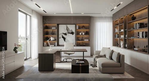 Modern Home Office Interior with Desk, Bookshelves, and Sofa