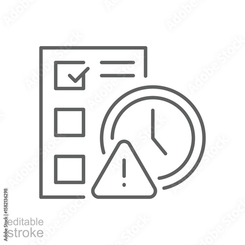 Delayed Task Icon. Outline Style Vector. Editable Stroke. Project Deadline Warning, Incomplete Checklist, Time Management Crisis, Labor Shortage Impact, and Late Schedule Concept Illustration.