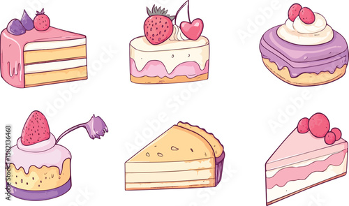 Collection of cute cartoon cake slices with different toppings and flavors
