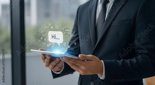 Wallpaper Mural Executive connects digitally through a tablet, featuring an illuminated virtual greeting and communication icons. Torontodigital.ca