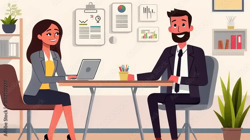 Professional meeting between a smiling woman and man in an office, discussing data and reports Professional meeting between a smiling woman and man in an office, discussing data and reports