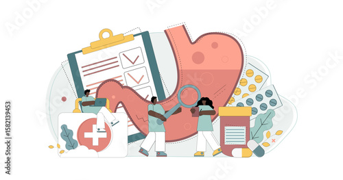 Concept stomach. Insurance medicine. Treatment, examination of the stomach. Doctors are looking for the cause of digestive problems. Vector illustration.eps