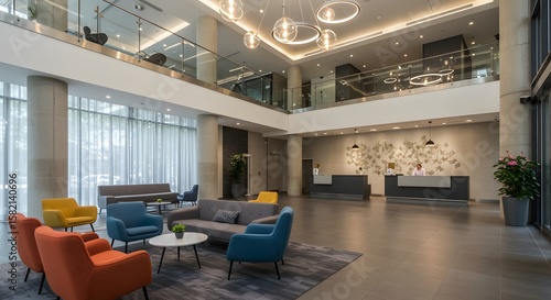 Modern Hotel Lobby Interior Design with Reception and Seating Area