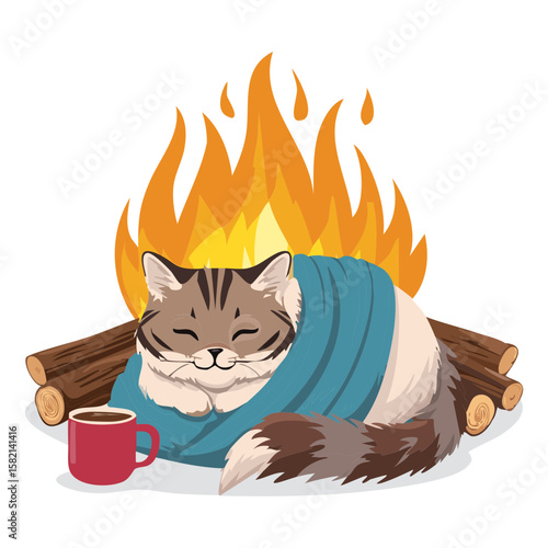 Cat Heating Up by Campfire Scene