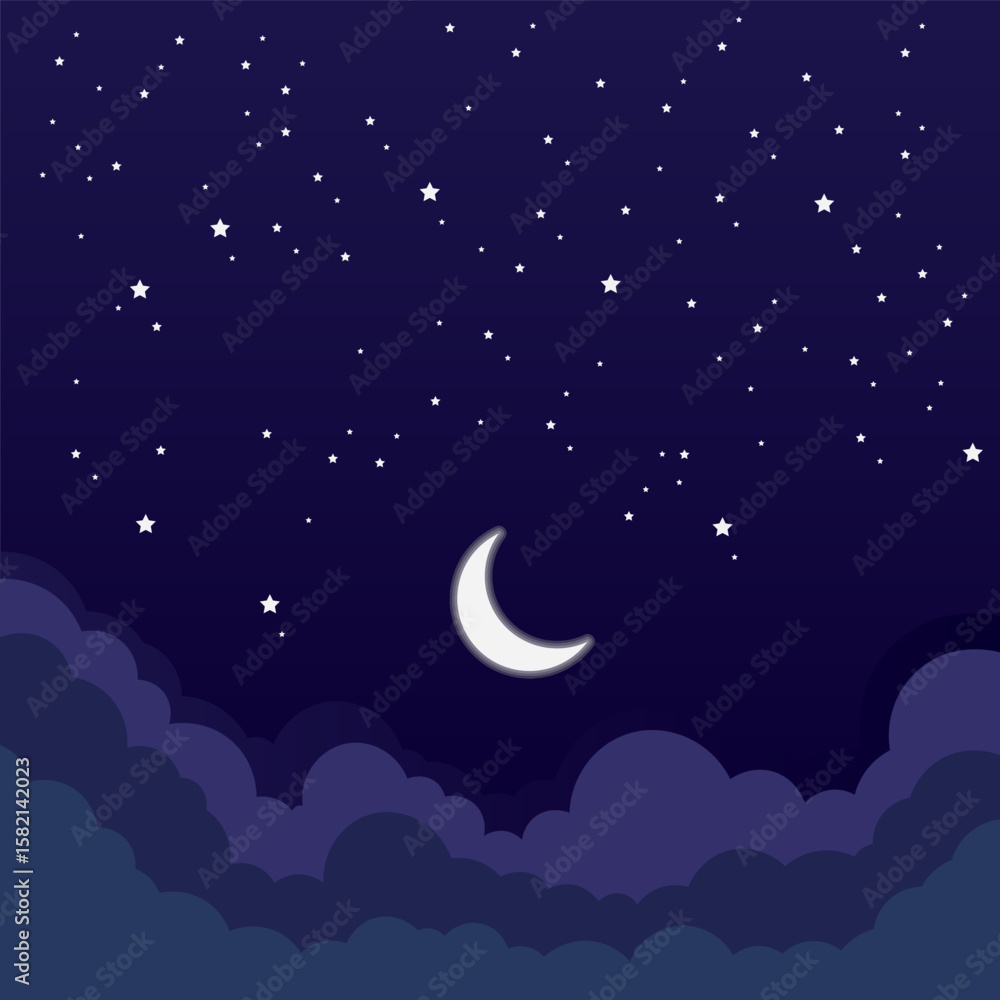 Obraz premium Vector illustration of moon, stars and clouds at night, suitable for bed sheets