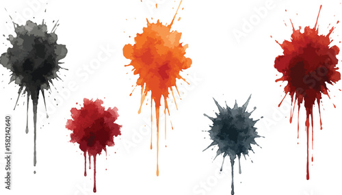 Watercolor drip splatters—bold pigments in black, orange, red, blue, and maroon isolated on clean white canvas.