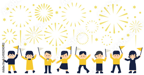 花火とともに旗を振る人々のベクターイラスト｜祝祭・応援シーン アイキャッチ 背景 バナー