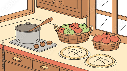 Cozy kitchen scene with a pot on the stove baskets of apples and freshly baked apple pies ready for enjoyment