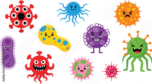 Colorful cartoon virus characters, funny bacteria and germs with expressions, cute and scary microbes, isolated vector illustration for science