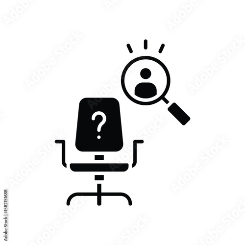 Hiring Search Icon. Glyph Style. Vector. Vacant Office Chair with Magnifying Glass Highlighting Candidate. Labor Shortage Crisis. Workforce Recruitment and Job Vacancy Concept