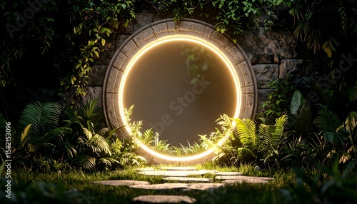 Mystical glowing portal in a lush garden