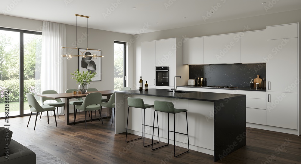 Fototapeta premium Modern Kitchen Interior Design with Island and Dining Area
