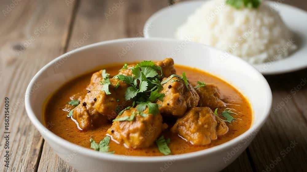 Closeup of a delicious bowl of chicken curry with fresh cilantro garnish served with rice on a rustic wooden table Closeup of a delicious bowl of chicken curry with fresh cilantro garnish served with rice on a rustic wooden table