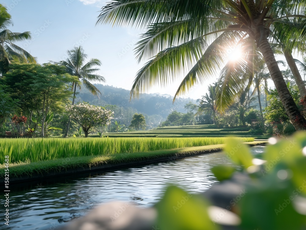 Obraz premium palm trees and rice terrace on the river in Ubud Bali
