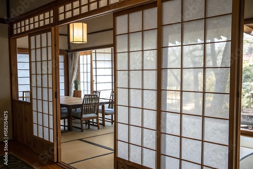 Serene Japanese Room Interior with Translucent Shoji Screens and Tatami Mats