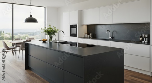 Modern Kitchen Interior with Island and Scenic View