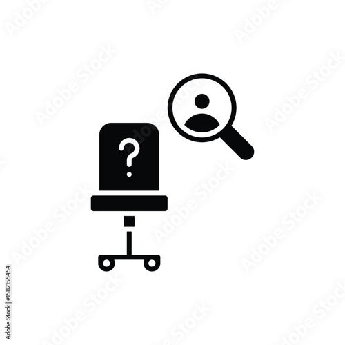 Candidate Search Icon. Glyph Style. Vector. Vacant Office Chair and Magnifying Glass with Person Symbol. Labor Shortage Issue. HR Recruitment. Job Hiring and Workforce Gap Concept