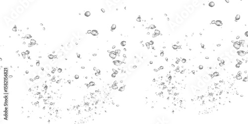 Realistic floating water bubbles effect. Dynamic air bubbles graphic elements for beverages, liquid textures, or underwater scenes. Isolated object on transparent background, PNG cutout.