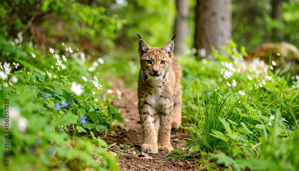 Lynx walks a forest path amidst wildflowers Lynx walks a forest path amidst wildflowers