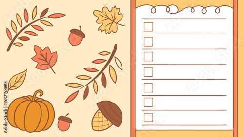 Cute hand drawn autumn elements like leaves acorns and a pumpkin arranged around a blank checklist with checkboxes for seasonal planning or to do lists